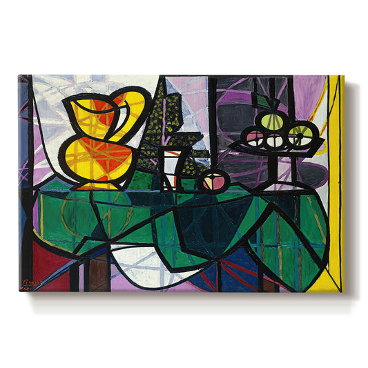 Canvas art print portraying a still life with pitcher and fruit in cubist composition, set against a white background