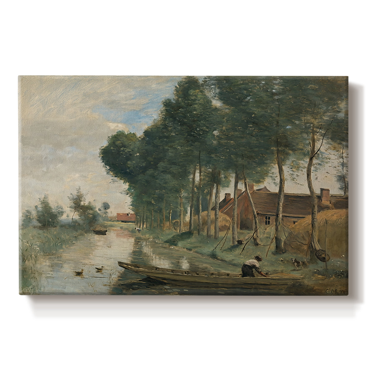 Canvas art print portraying a quiet rural landscape with trees and open terrain under muted sky, set against a white background