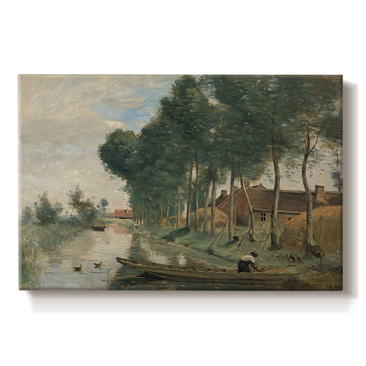 Canvas art print portraying a quiet rural landscape with trees and open terrain under muted sky, set against a white background