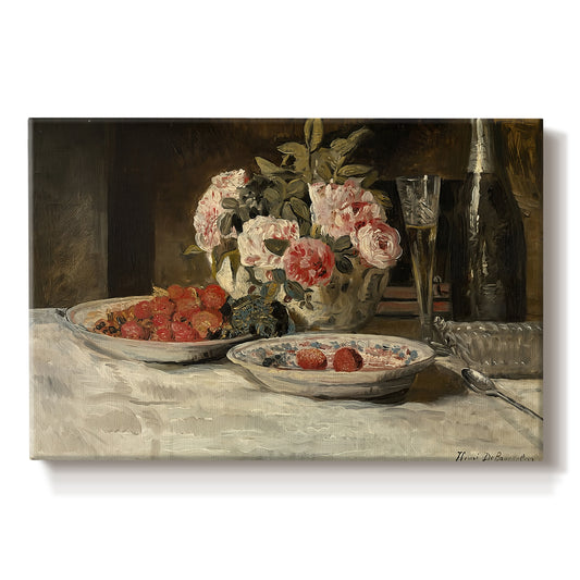 Canvas art print portraying a still life with strawberries, glassware, and bottle arranged on table, set against a white background