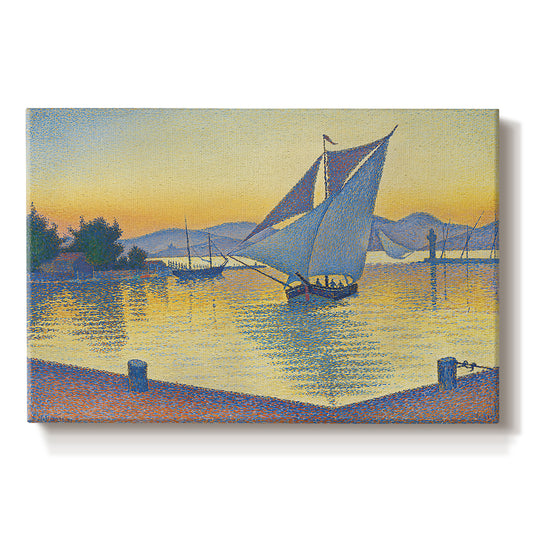 Canvas art print portraying a harbor glowing at sunset with boats in water, set against a white background