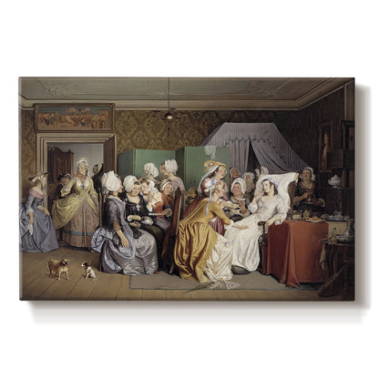 Canvas art print portraying women gathered around mother and newborn in domestic interior, set against a white background