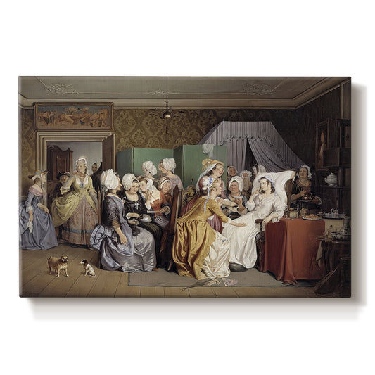 Canvas art print portraying women gathered around mother and newborn in domestic interior, set against a white background