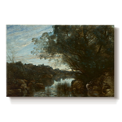 Canvas art print portraying a lake landscape surrounded by trees and distant hills under soft sky, set against a white background