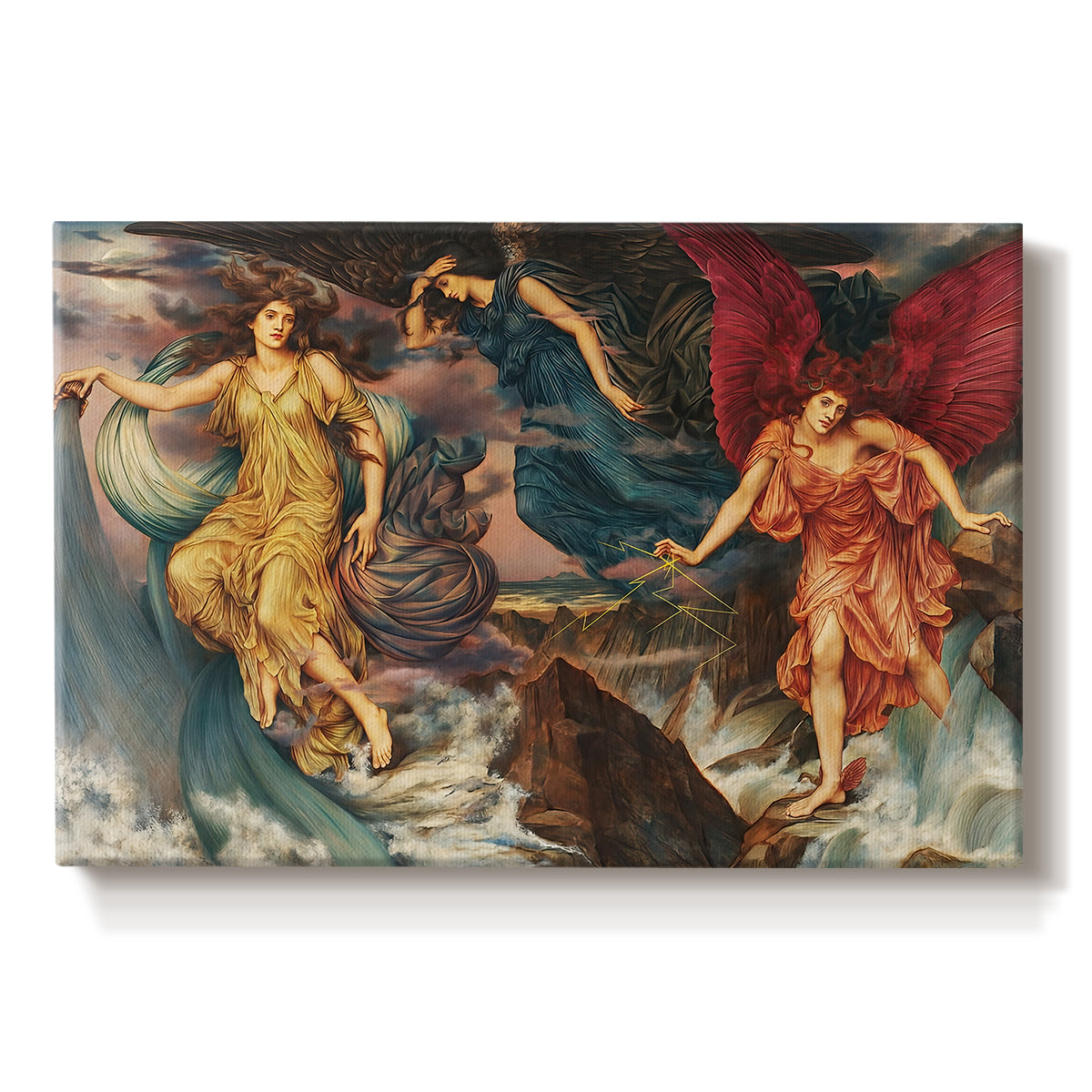 Canvas art print portraying multiple figures swirling through sky representing storm forces in motion, set against a white background