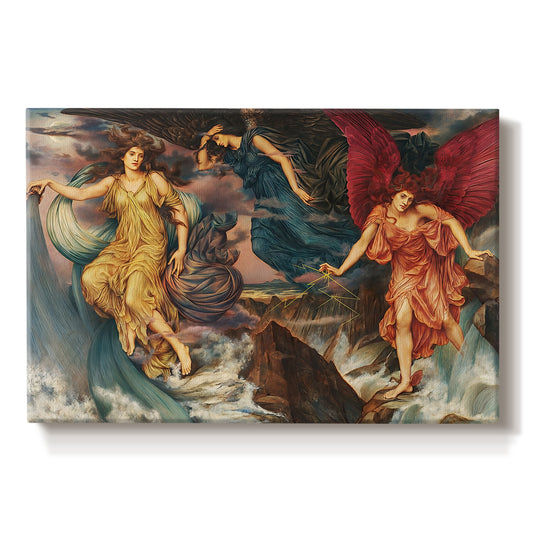 Canvas art print portraying multiple figures swirling through sky representing storm forces in motion, set against a white background
