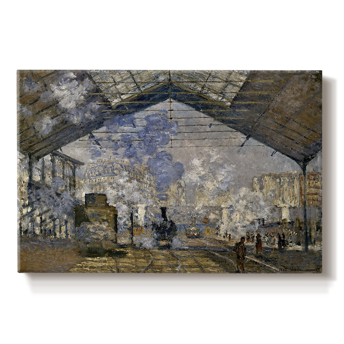 Canvas art print portraying a train station interior filled with steam and locomotives under iron structure, set against a white background