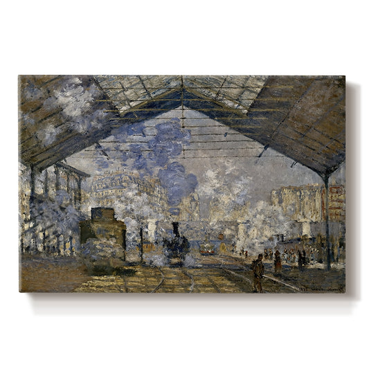 Canvas art print portraying a train station interior filled with steam and locomotives under iron structure, set against a white background