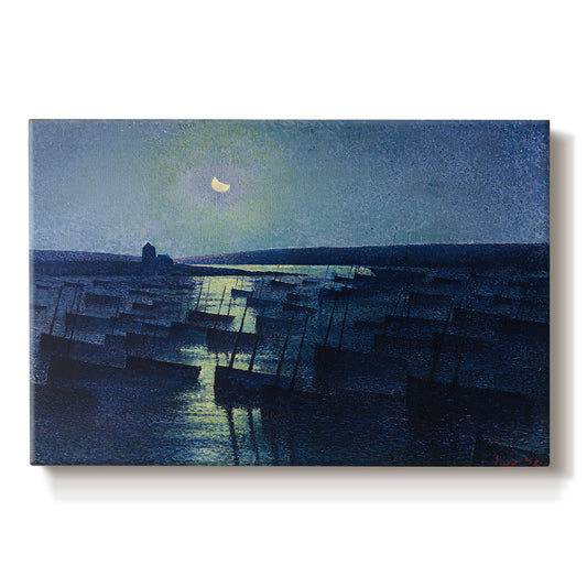 Canvas art print portraying fishing boats resting in harbor under moonlit sky, set against a white background