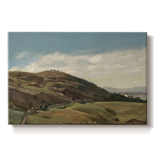 Canvas art print portraying a panoramic view of Oslo landscape with church and rolling hills under open sky, set against a white background
