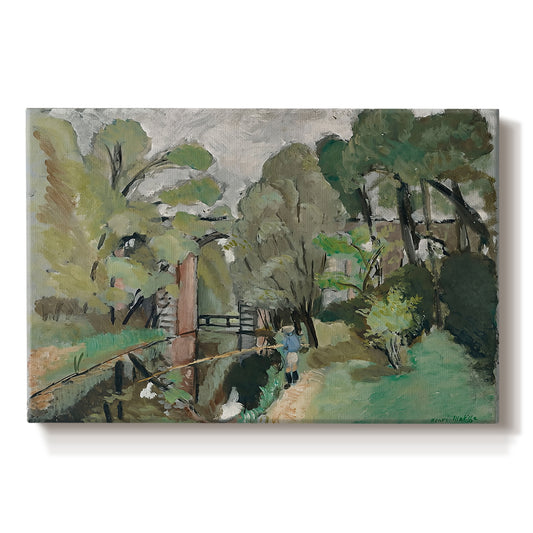Canvas art print portraying a small figure in a green landscape near trees and buildings, set against a white background