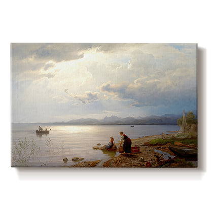 Canvas art print portraying figures gathered along shoreline with wide lake and distant horizon, set against a white background