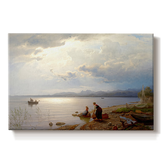 Canvas art print portraying figures gathered along shoreline with wide lake and distant horizon, set against a white background