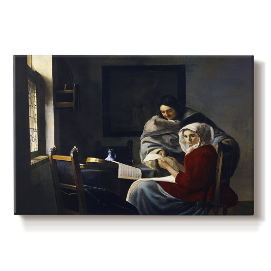 Canvas art print portraying a young woman seated at table interrupted while playing music, set against a white background