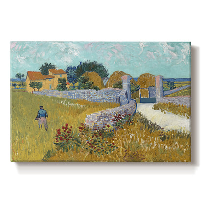 Canvas art print portraying a small farmhouse surrounded by yellow field and trees under blue sky, set against a white background