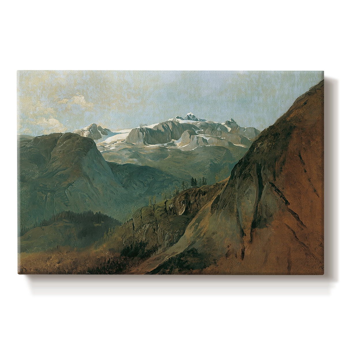 Canvas art print portraying dramatic mountain peaks in expansive landscape, set against a white background