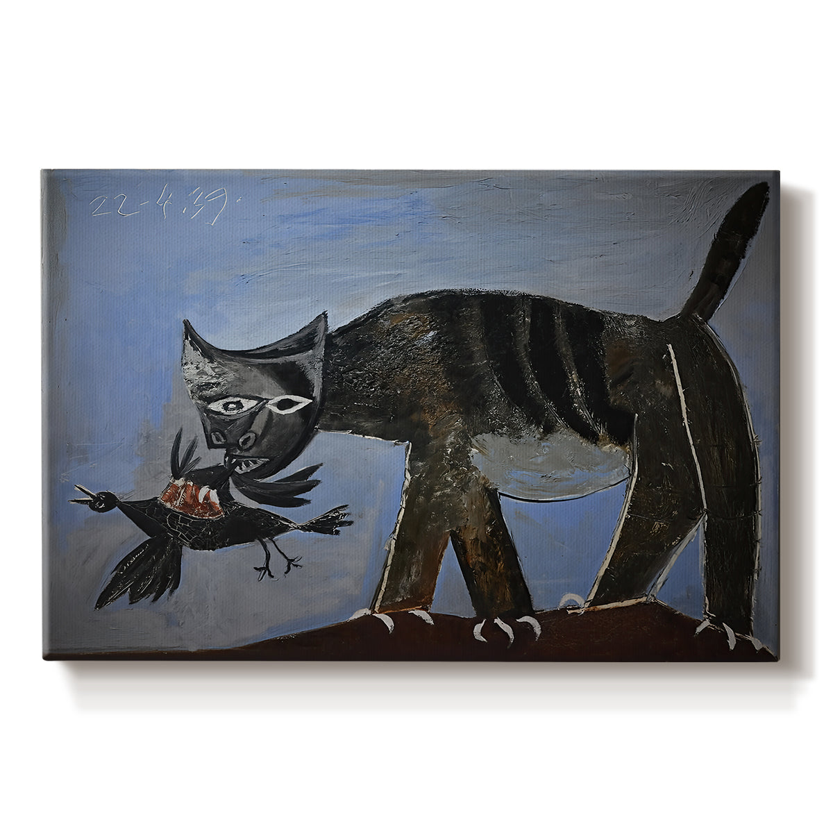 Canvas art print portraying an abstract cat lunging toward bird in angular form, set against a white background