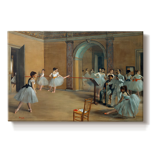 Canvas art print portraying ballet dancers gathered in rehearsal hall with mirrors and columns, set against a white background