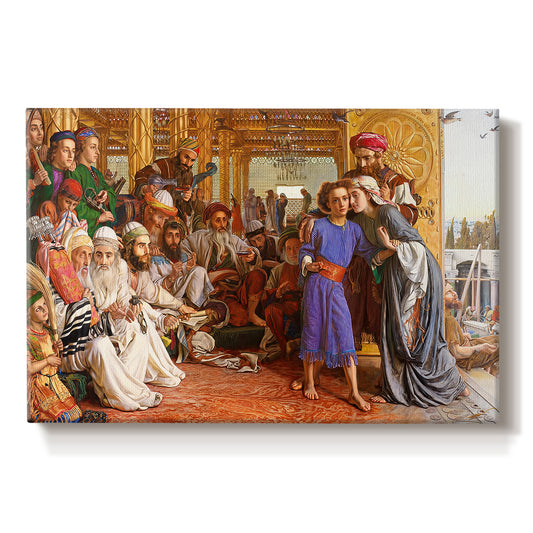 Canvas art print portraying a crowded temple scene with figures in robes surrounding central figure, set against a white background