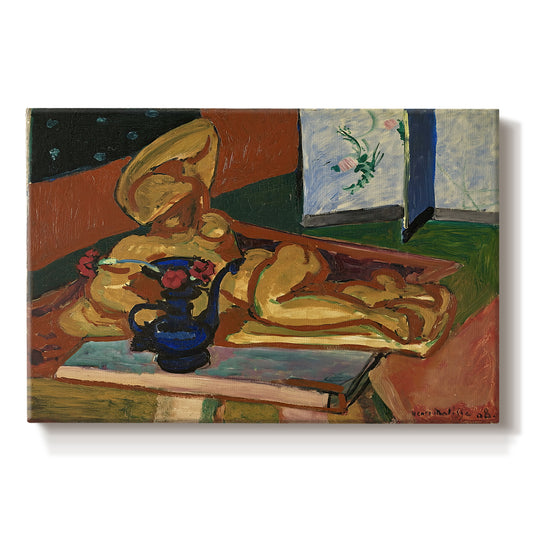 Canvas art print portraying a still life with a small sculpture and Persian vase on a table, set against a white background