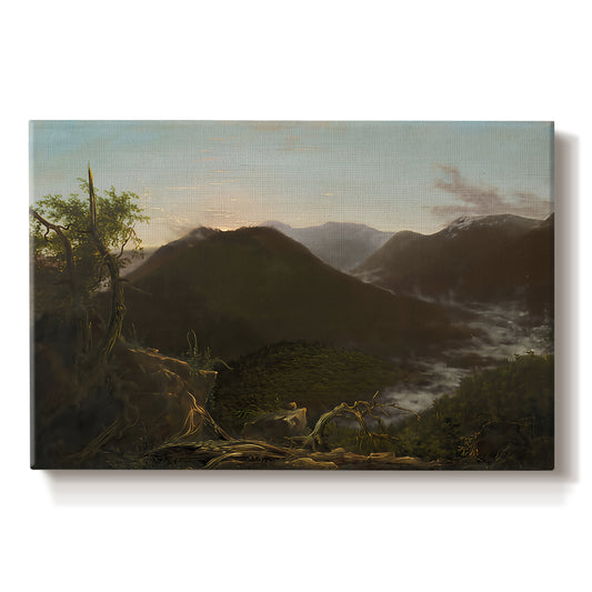 Canvas art print portraying a mountain valley at sunrise with light spreading across trees and hills, set against a white background