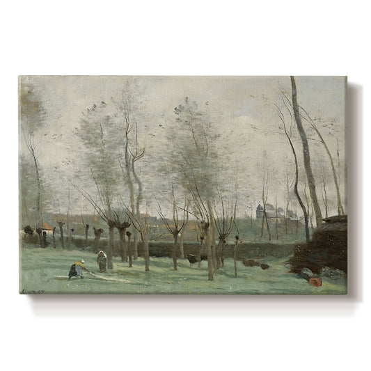 Canvas art print portraying women washing clothes beside water under willow trees, set against a white background