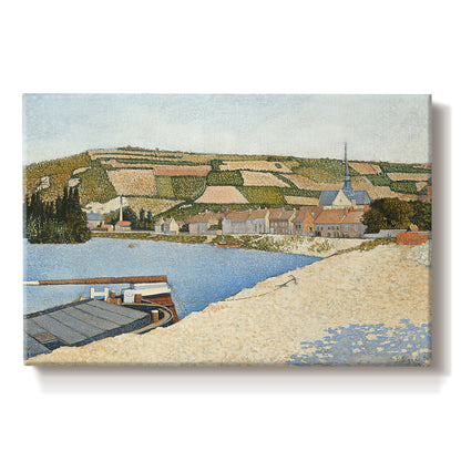 Canvas art print portraying a riverside with buildings and flowing water, set against a white background