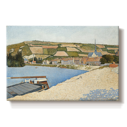 Canvas art print portraying a riverside with buildings and flowing water, set against a white background