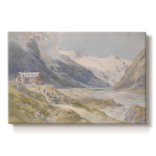 Canvas art print portraying a small group of shepherds in alpine landscape with grazing animals, set against a white background