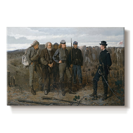 Canvas art print portraying a group of soldiers standing together in outdoor setting with guarded figures, set against a white background
