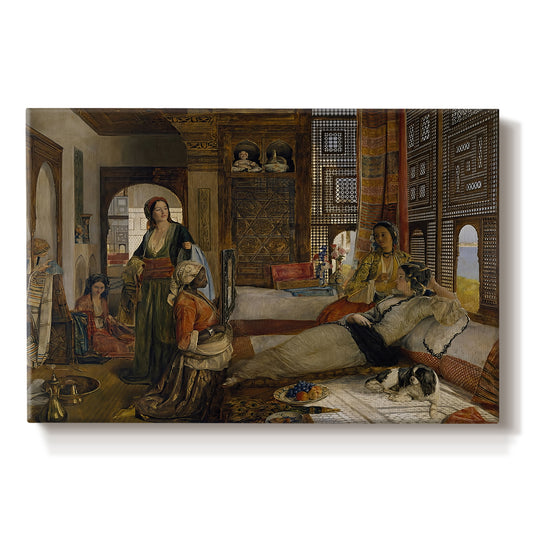 Canvas art print portraying an interior scene with seated figures in richly decorated room, set against a white background