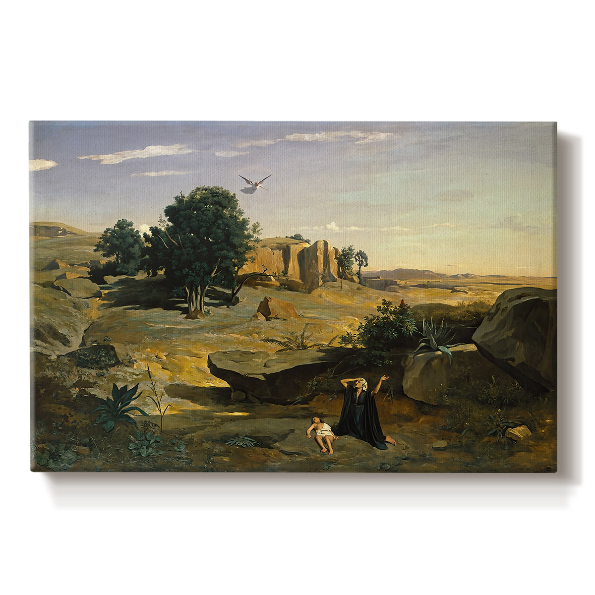 Canvas art print portraying a solitary figure in open landscape surrounded by sparse terrain, set against a white background