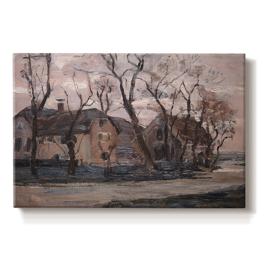 Canvas art print portraying a farmhouse and trees in muted evening landscape, set against a white background