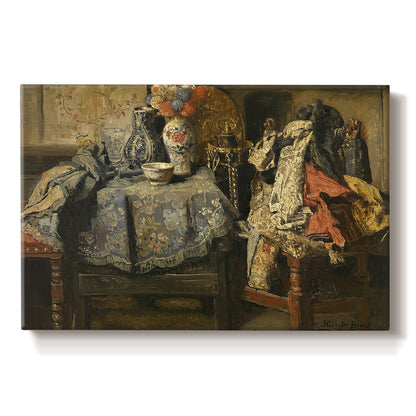 Canvas art print portraying an assortment of objects arranged on table in detailed still life composition, set against a white background