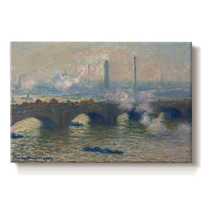 Canvas art print portraying a muted cityscape of bridge spanning river under overcast sky, set against a white background
