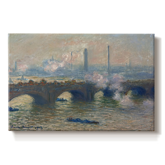 Canvas art print portraying a muted cityscape of bridge spanning river under overcast sky, set against a white background