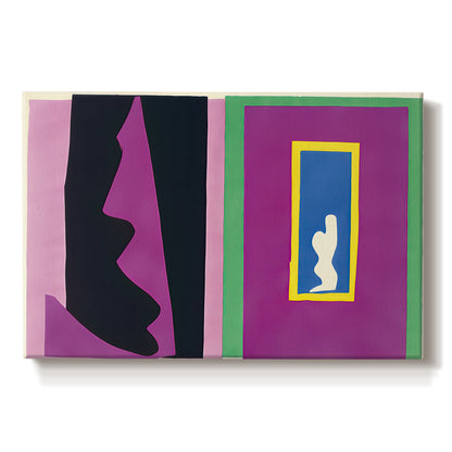 Canvas art print portraying an abstract collage with cut-out shapes forming symbolic composition, set against a white background