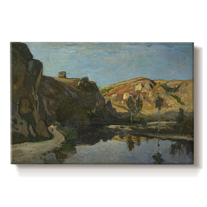 Canvas art print portraying a river flowing between rocky cliffs under open sky, set against a white background
