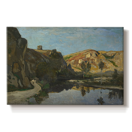 Canvas art print portraying a river flowing between rocky cliffs under open sky, set against a white background