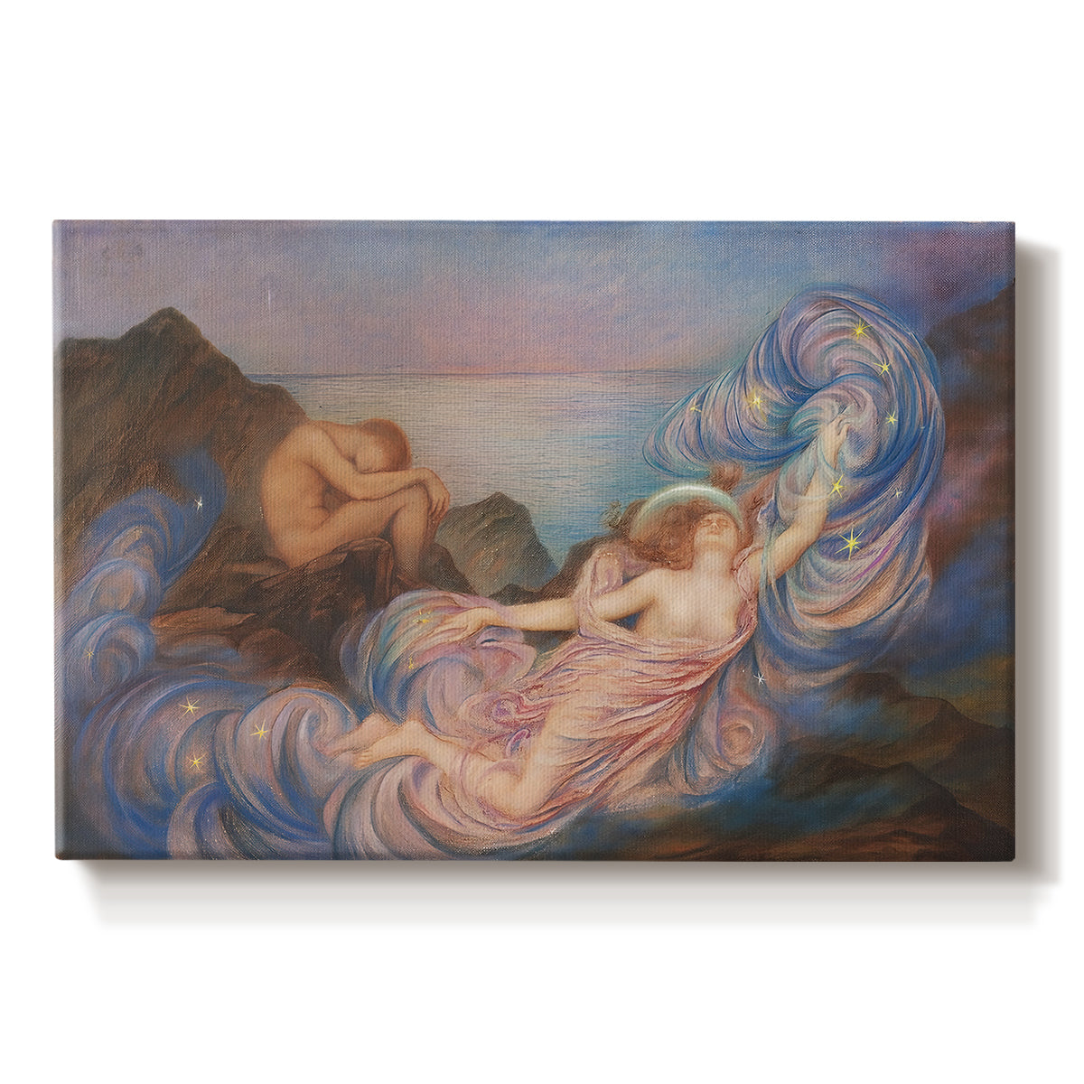 Canvas art print portraying a reclining female figure beneath glowing sky at twilight with soft colors, set against a white background