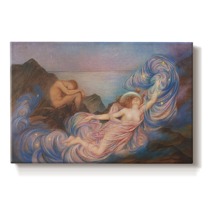 Canvas art print portraying a reclining female figure beneath glowing sky at twilight with soft colors, set against a white background