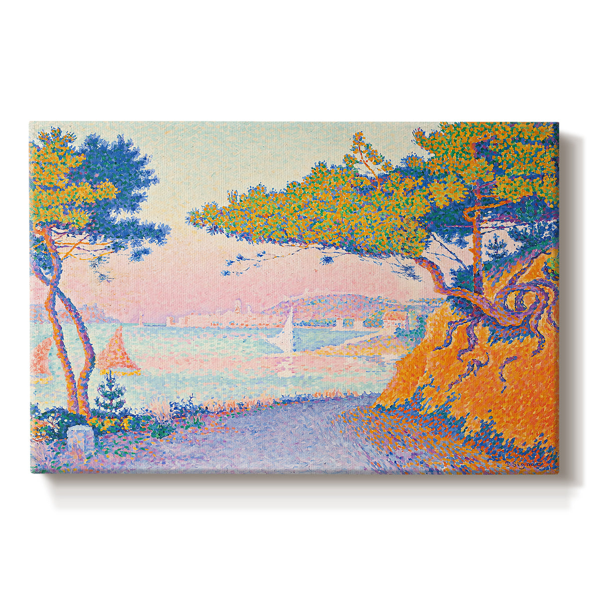Canvas art print portraying a coastal landscape with trees and water, set against a white background