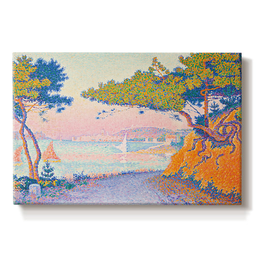 Canvas art print portraying a coastal landscape with trees and water, set against a white background