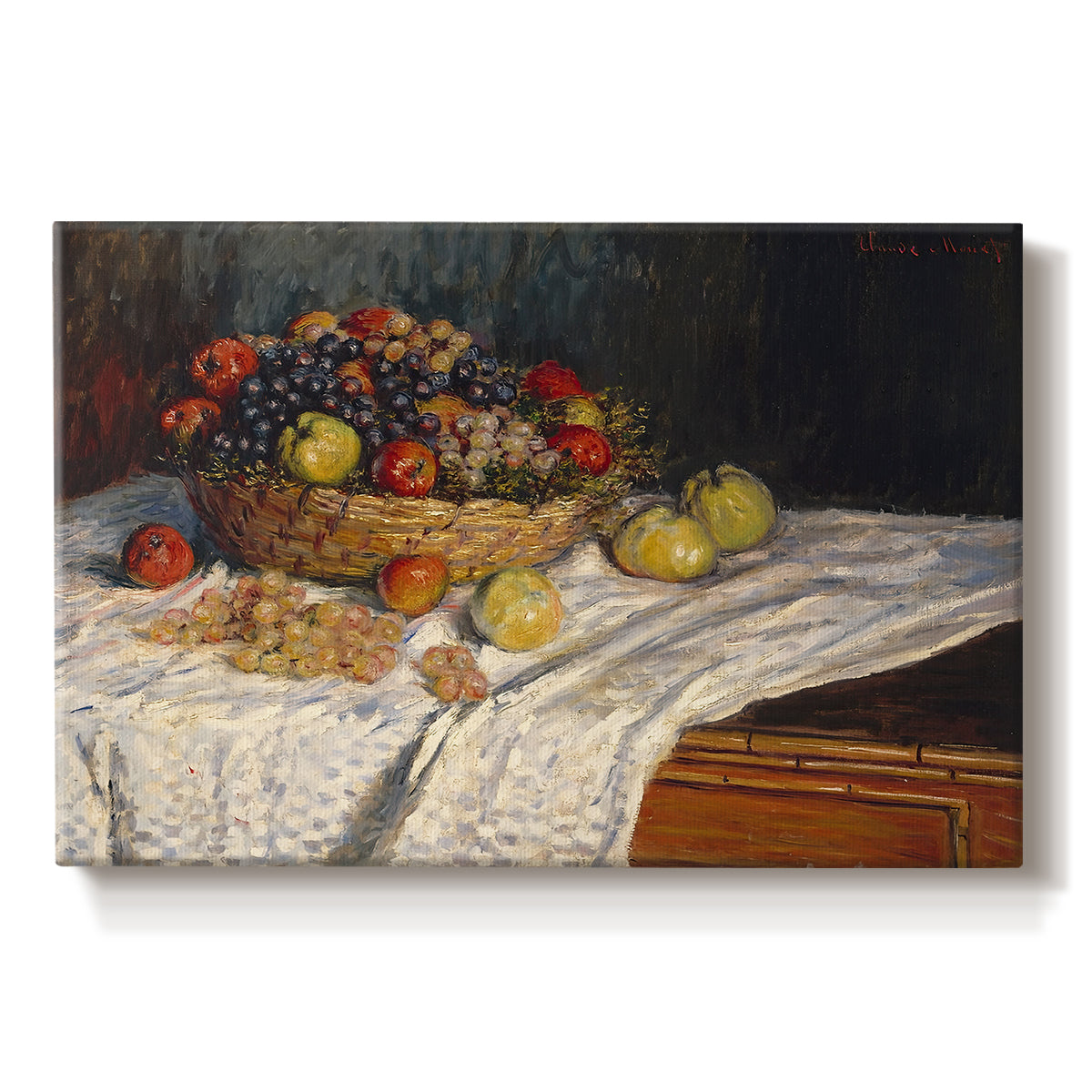 Canvas art print portraying an arrangement of apples and grapes on table with soft natural light, set against a white background