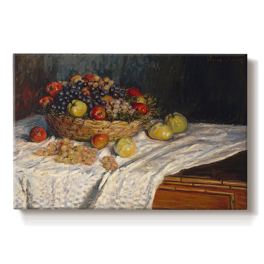 Canvas art print portraying an arrangement of apples and grapes on table with soft natural light, set against a white background