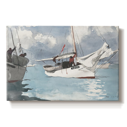 Canvas art print portraying small boats anchored in shallow water with shoreline in background, set against a white background