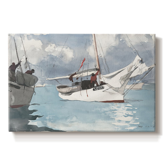 Canvas art print portraying small boats anchored in shallow water with shoreline in background, set against a white background