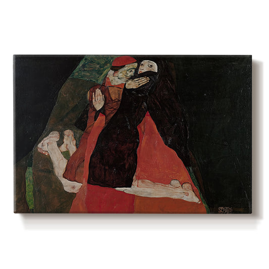 Canvas art print portraying two figures embracing intimately in stylized expressionist composition, set against a white background