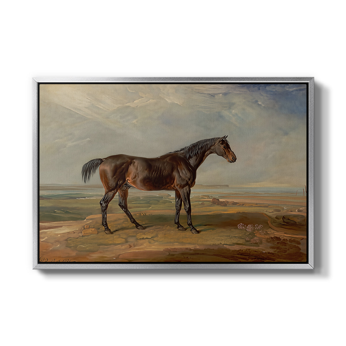 Dr. Syntax, a Bay Racehorse, Standing in a Coastal Landscape, an Estuary Beyond, c. 1820 - Floater Framed Canvas Print