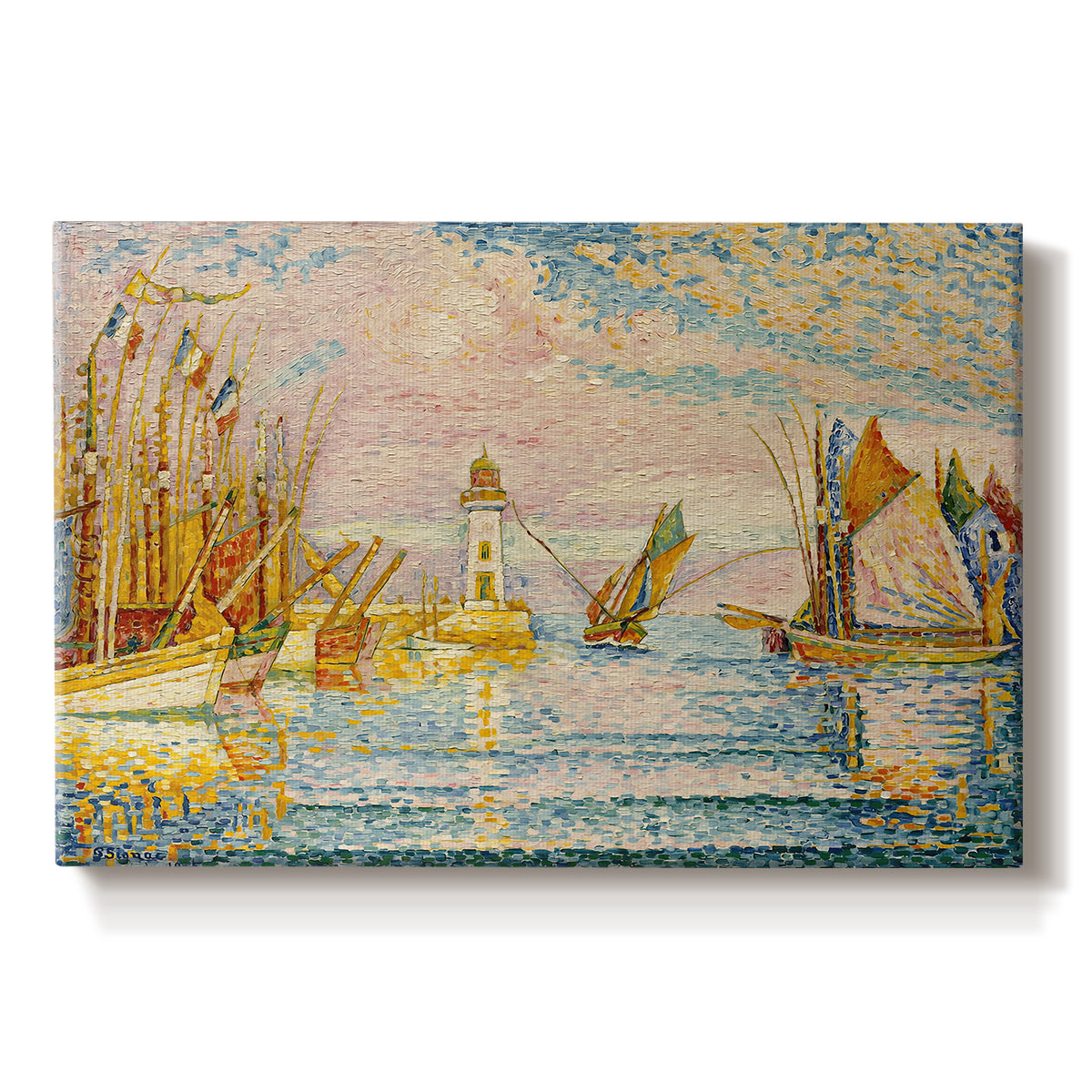 Canvas art print portraying a pointillist landscape of lighthouse and boats, set against a white background